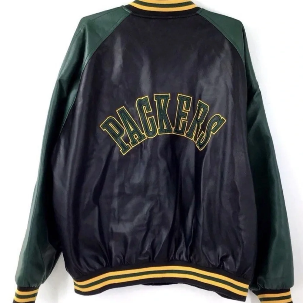 GUC NFL Men’s Black and Green Leather Sleeves Varsity Jacket - Sz XL